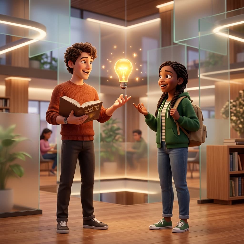 Two friends in a library; one holds an open book and both light up over the same idea.