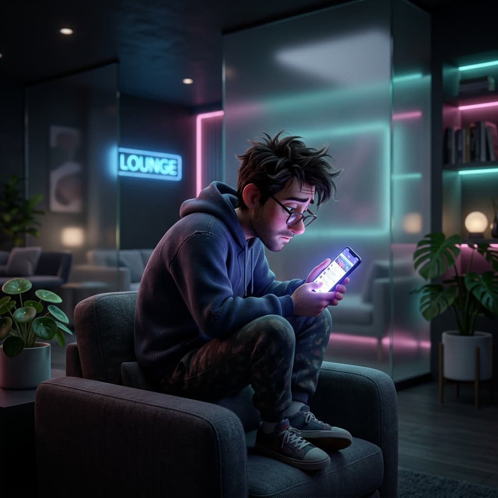Late at night, a young man hunches in an armchair, lit by his phone.